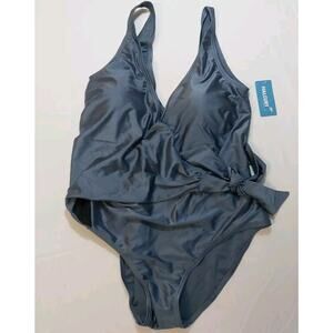 Halcurt Women's‎ Plus Size Metallic Blue Adjustable Tie Front Swimwear Sz 1x NWT